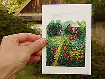 pohľadnica: domček v záhrade
