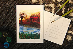 Papiernictvo - pohľadnica: domček pri jazere - 12031774_