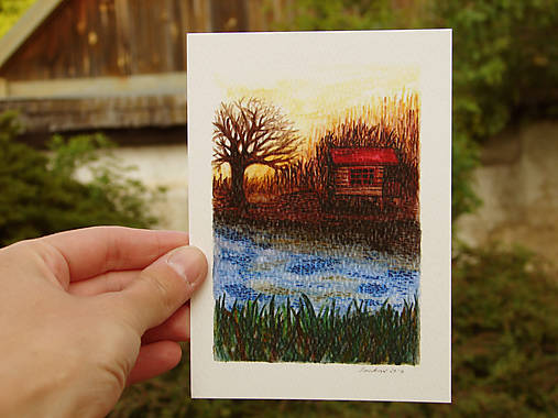 pohľadnica: domček pri jazere