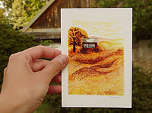 pohľadnica: domček a suchá tráva