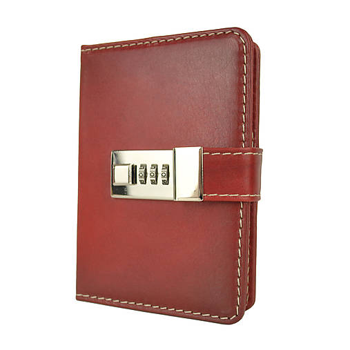 Malý kožený zápisník na heslový zámok, ručne tieňovaný, tmavo červená farba