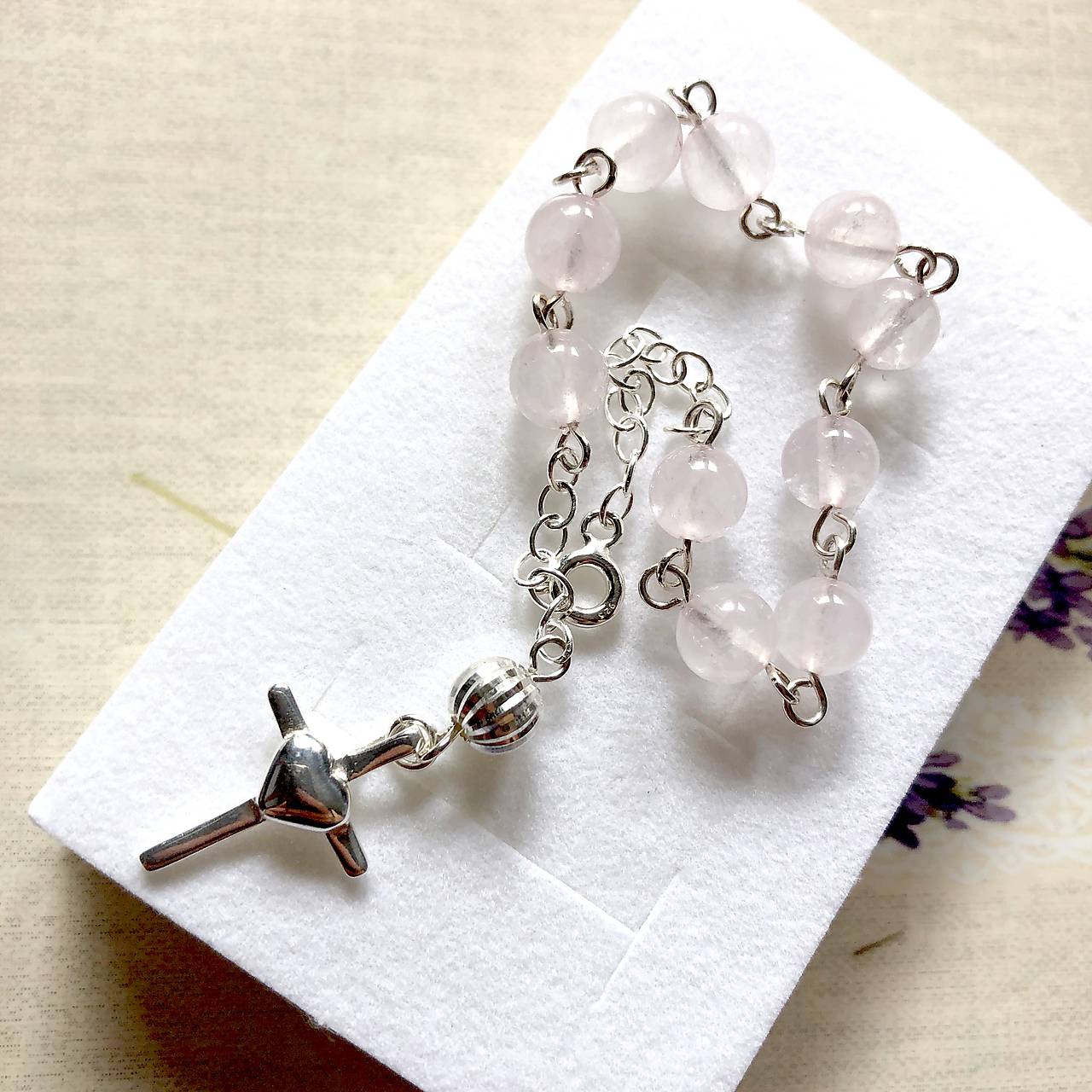 Rosary Silver 925 Rose Quartz Bracelet / Strieborný ruženec na ruku alebo do auta s ruženínom - Ag 925 