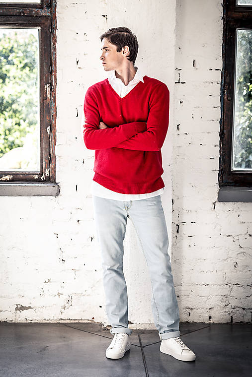 Pánske oblečenie - Červený pánsky sveter - 100% kašmír - 12060264_