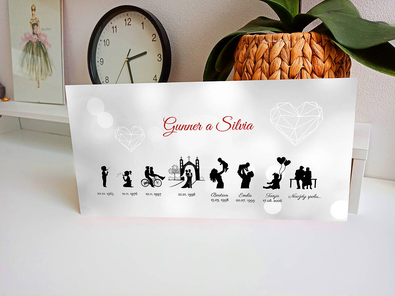 Časová os - Príbeh lásky 39x19,5cm Nordic (Jednoduchý dizajn origami srdiečka)