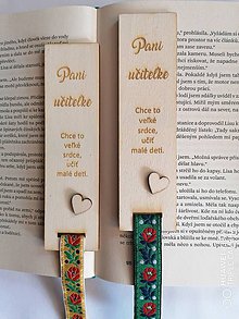 Papiernictvo - Drevená folklórna záložka so srdiečkom pre pani učiteľku v škôlke - 12091454_