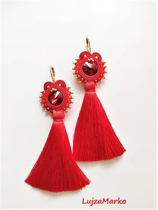 Náušnice - Denisa soutache náušnice  (Červená + zlatá) - 12100155_