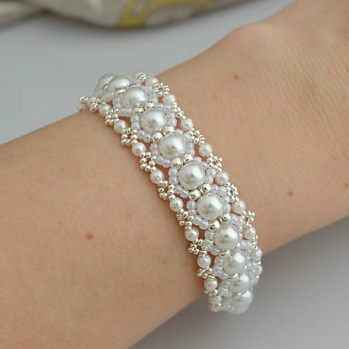 Svadobný perlový náramok (Ag925) (Biele a Ivory korálky)