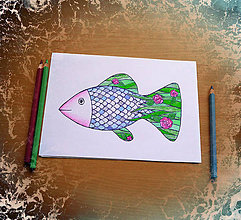 Kresby - Ryba - kreslená pohľadnica (ružičková) - 12112058_