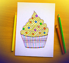 Kresby - Cupcake - kreslená pohľadnica (citrónový) - 12114678_