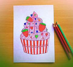 Kresby - Cupcake - kreslená pohľadnica (jahodový) - 12114687_