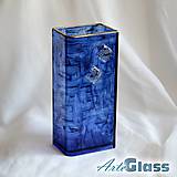Dekorácie - Váza modrá české maľované sklo s platinou výška 20 cm hranatá - 12117783_