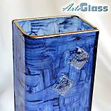 Dekorácie - Váza modrá české maľované sklo s platinou výška 20 cm hranatá - 12117784_