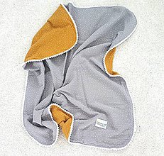 Detský textil - Jemnučká mušelinova deka mustard/grey seda 90x90cm - 12125876_