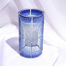 Dekorácie - Váza modrobiele črepové sklo výška 20 cm oblá dúhový vzor - 12124704_
