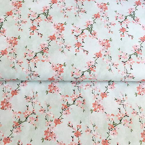 Sakura na mentolovej, 100 % predzrážaná bavlna Španielsko, šírka 150 cm