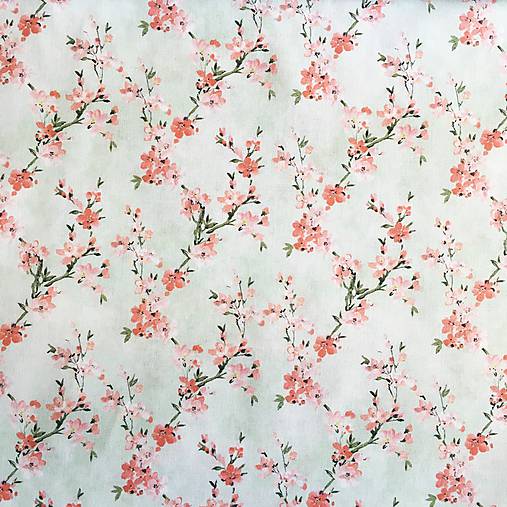 Sakura na mentolovej, 100 % predzrážaná bavlna Španielsko, šírka 150 cm