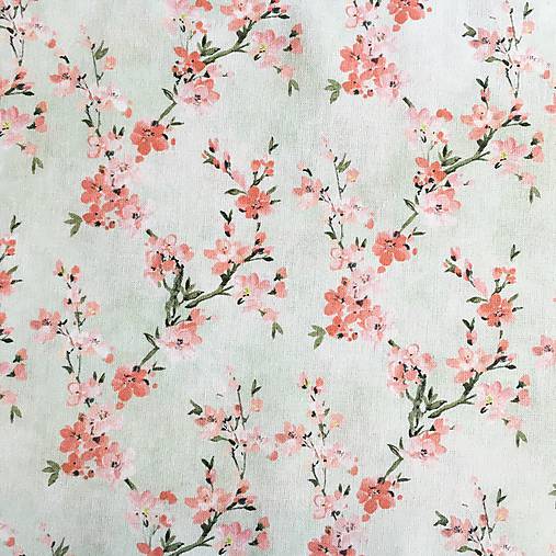 Sakura na mentolovej, 100 % predzrážaná bavlna Španielsko, šírka 150 cm