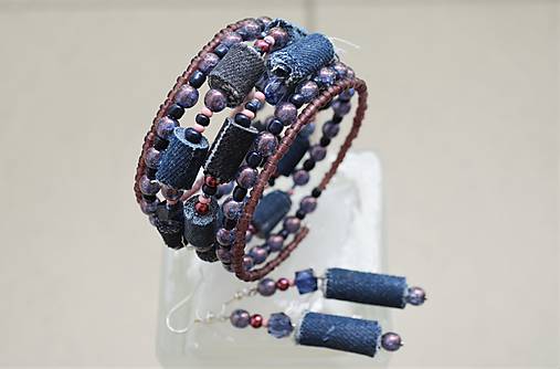 Sady šperkov - Náramok denim dark s náušničkami - 12136981_