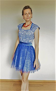 Šaty - Modré žakarové šaty s tylom - 12144950_