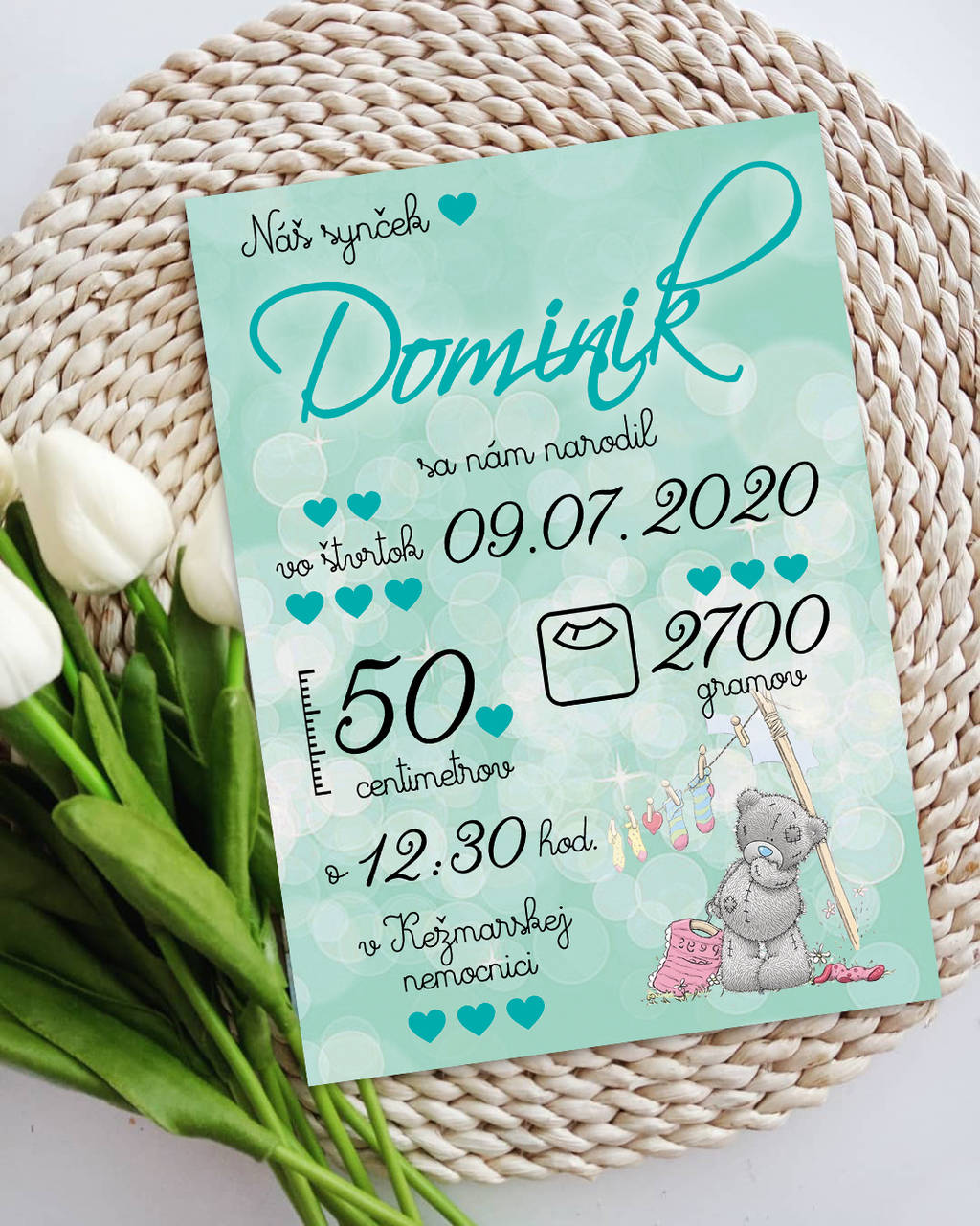 Detská tabuľka, tabuľka pre dieťa s údajmi o narodení dieťatka (Mentolové pozadie 27x19cm)