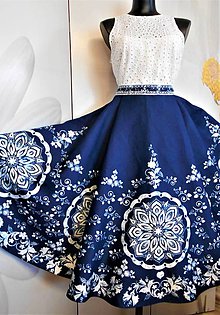 Sukne - FLORAL FOLK " Slovenská ornamentika ", spoločenská sukňa (modrotlač) - 12182498_