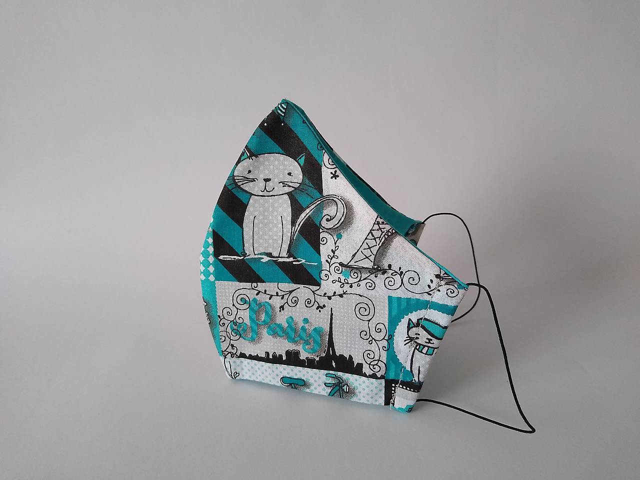 Dizajnové rúško Le chat tyrkys  tvarované dvojvrstvové