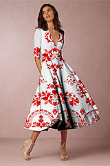 Šaty - FLORAL FOLK " Slovenská ornamentika ", spoločenské šaty v dĺžke midi (Biela + červený akvarel) - 12202853_