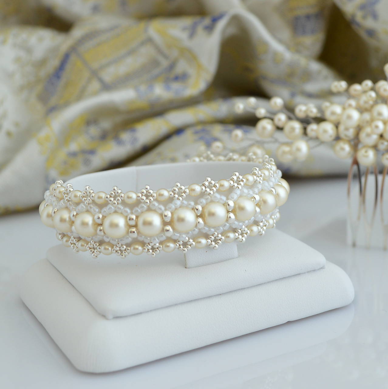 Svadobný perlový náramok (Ag925) (Smotanové perly)