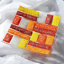 Nádoby - Misa oranžovo-žlto-červená - obdĺžnikový vzor - české sklo 20 x 20 cm - 12221463_