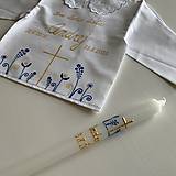 Detské oblečenie - Krstná ručne maľovaná ľudovoladená (Košieľka + svieca s krížom v hornej časti a s kvetmi v modrom) - 12230059_