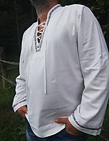  - Ľanová pánska  FOLK košeľa - šnurovačka   (Stuha biela- 100%ľan) - 12258966_
