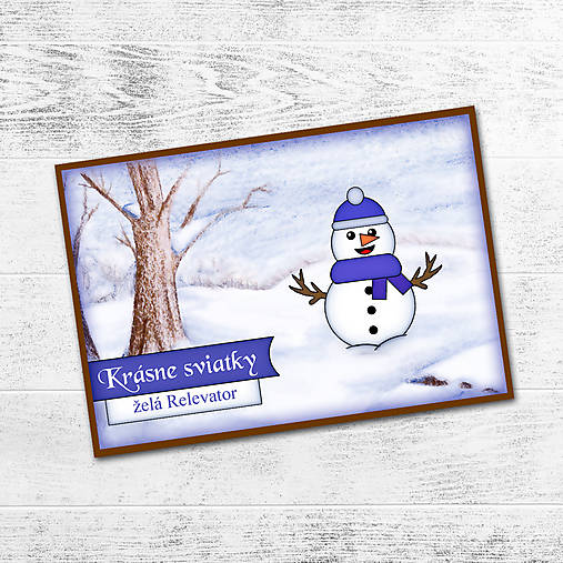 Zimná krajinka a snehuliak - vianočná pohľadnica (1)