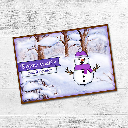 Zimná krajinka a snehuliak - vianočná pohľadnica (3)