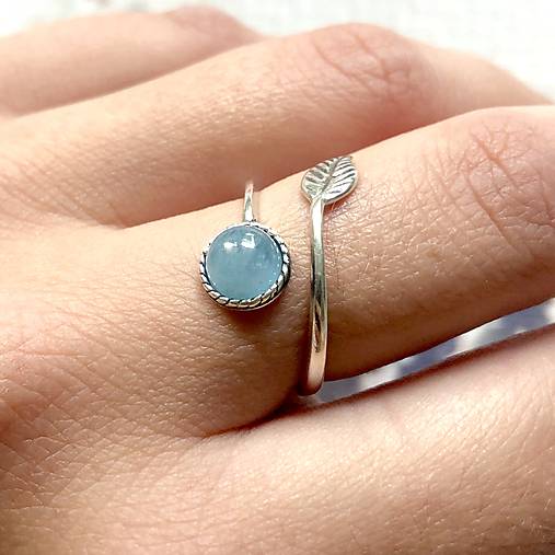 Simple Leaf Silver Gemstone Ring Ag925 / Strieborný prsteň s minerálom  (Blue Aquamarine / Akvamarín modrý)