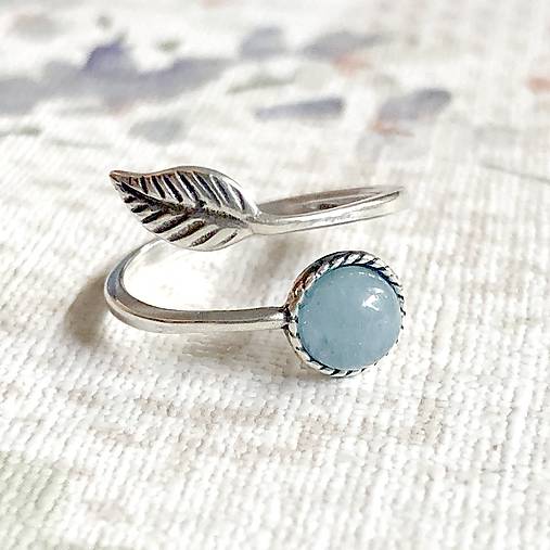 Simple Leaf Silver Gemstone Ring Ag925 / Strieborný prsteň s minerálom  (Blue Aquamarine / Akvamarín modrý)