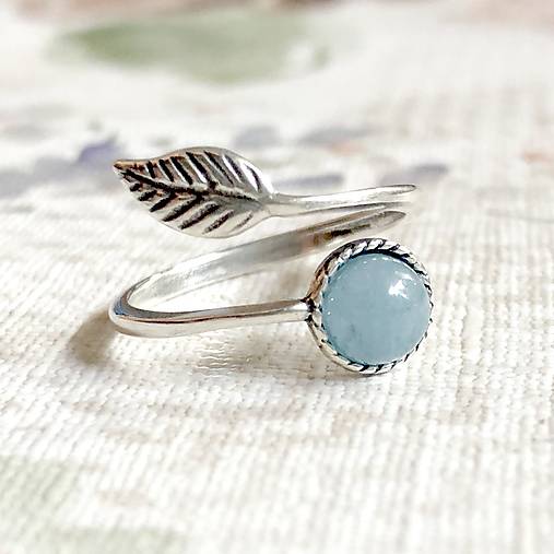 Simple Leaf Silver Gemstone Ring Ag925 / Strieborný prsteň s minerálom  (Blue Aquamarine / Akvamarín modrý)