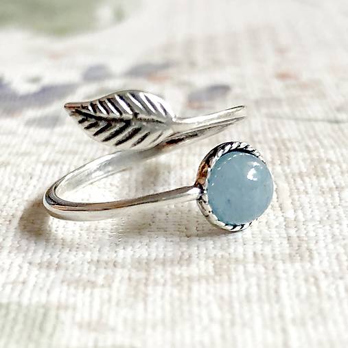 Simple Leaf Silver Gemstone Ring Ag925 / Strieborný prsteň s minerálom  (Blue Aquamarine / Akvamarín modrý)