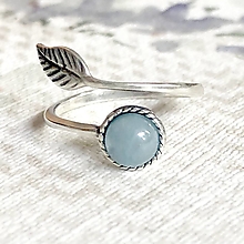Prstene - Simple Leaf Silver Gemstone Ring Ag925 / Strieborný prsteň s minerálom  (Blue Aquamarine / Akvamarín modrý) - 12307385_