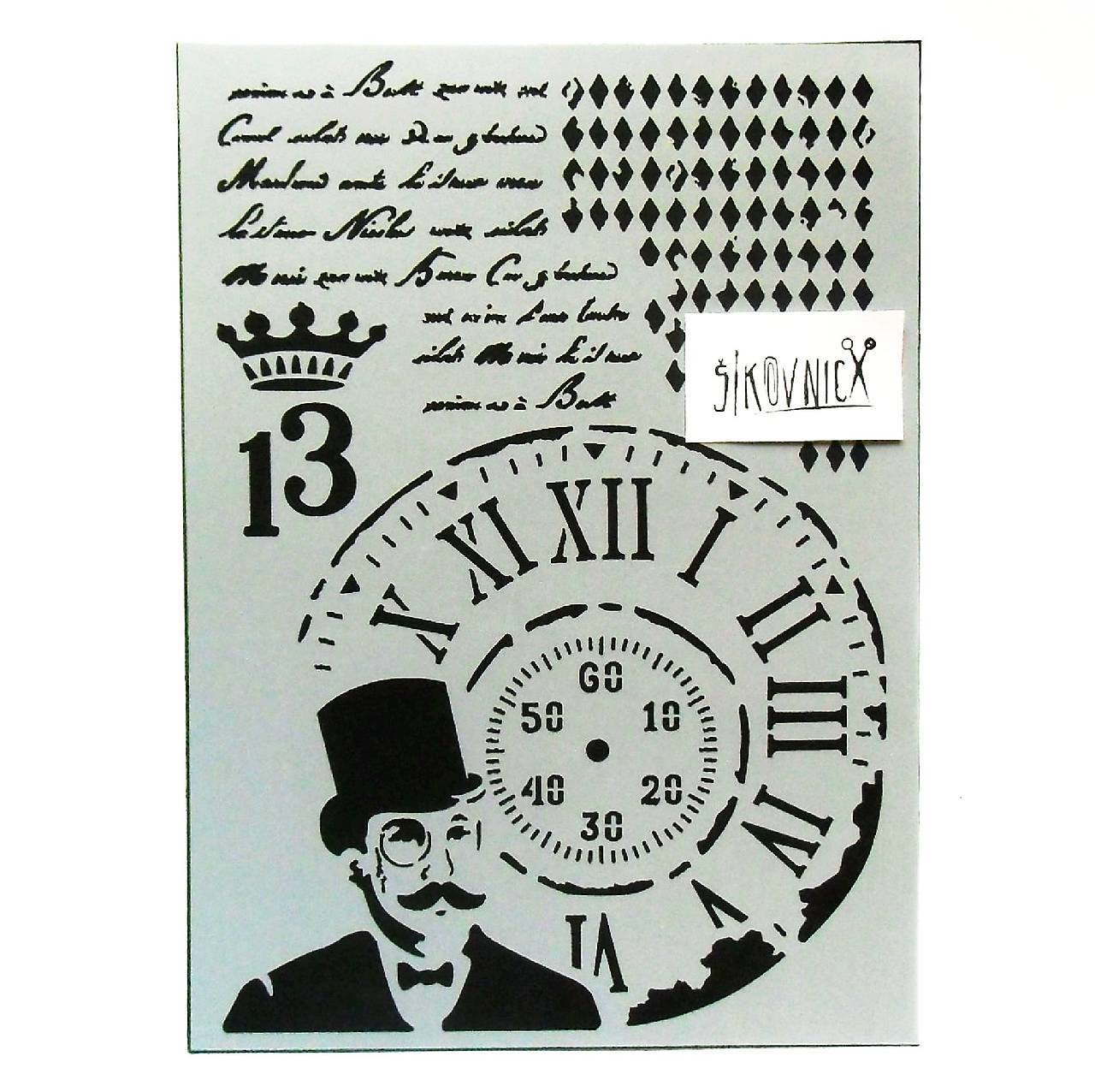 Šablóna Stamperia - 15x20 cm (steampunk, Poirot, hodiny)