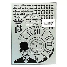 Nástroje - Šablóna Stamperia - 15x20 cm - steampunk, Poirot, hodiny - 12314550_