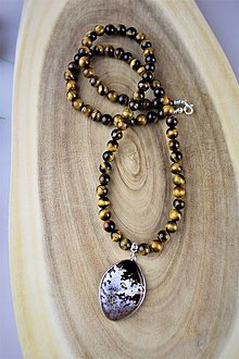 Náhrdelníky - tigrie oko náhrdelník s príveskom z leopardieho achátu - 12317614_