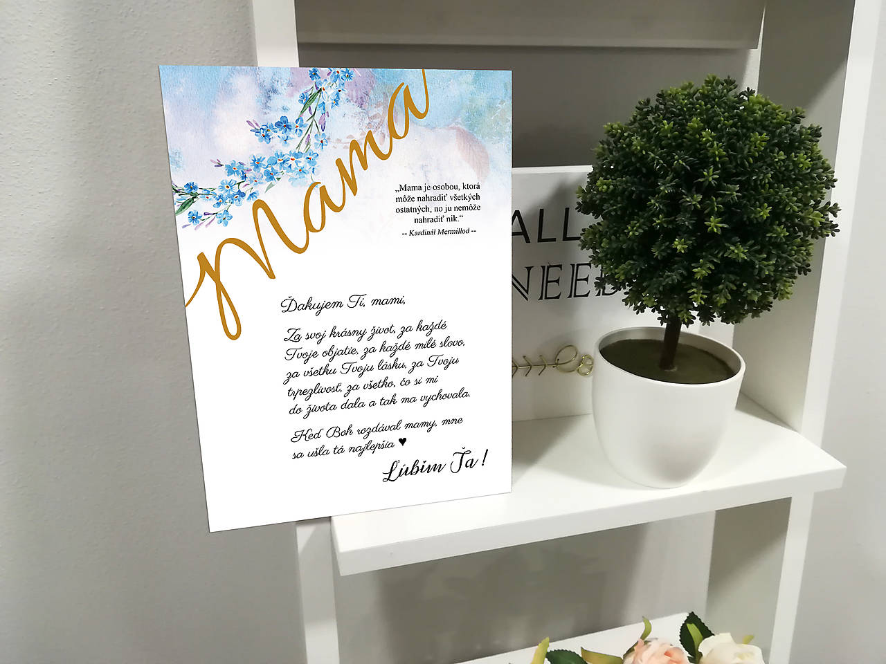 Darček pre mamku,  Tabuľka s poďakovaním pre mamu na deň matiek (modré pozadie so zlatým nápisom)