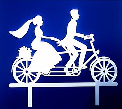 Dekorácie - Svadobný zápich - mladomanželia na bicykli (Biela) - 12317519_