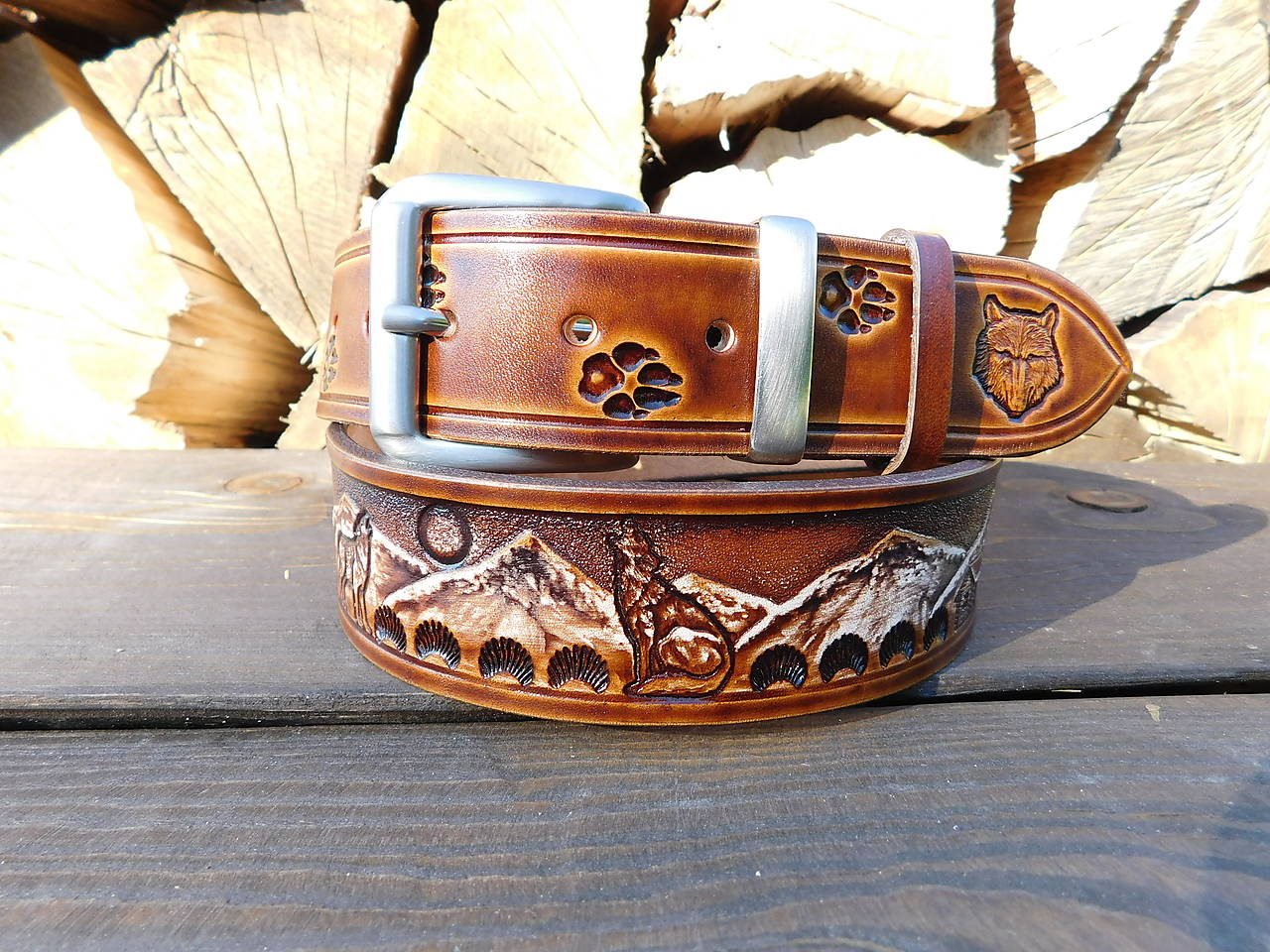 Kožený opasok 4 cm - Vlk v horách