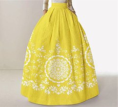 Sukne - FLORAL FOLK " Slovenská ornamentika ", spoločenská sukňa (žltá + biely ornament) - 12335414_