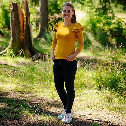 Topy, tričká, tielka - Dámske tričko s volánikom mustard organic - 12340508_