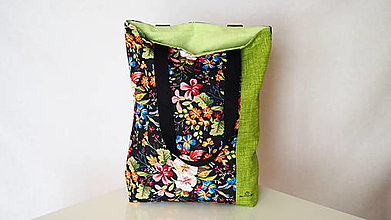 Nákupné tašky - Taška- farebné kvety na čiernej so zelenou - 12354139_