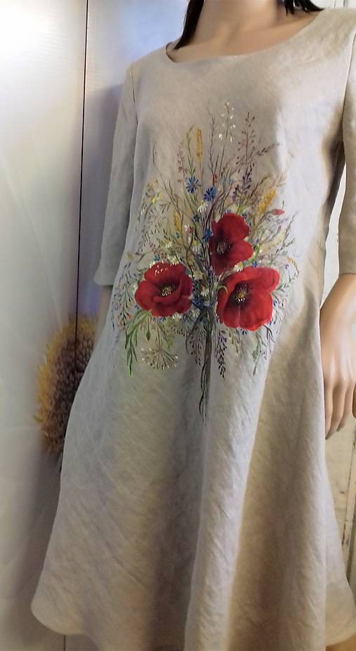 Ľanové, ručne maľované šaty "Lúčna kytica + paprade" (Ľanové maľované šaty "Lúčna kytica s makmi III)