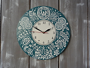 Hodiny - hodiny s Vajnorským ľudovým ornamentom tyrkysové - 12366520_