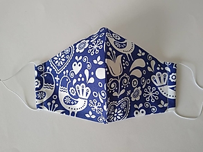 Rúška - Dámske dizajnové rúško prémiová bavlna antibakteriálne s časticami striebra dvojvrstvové tvarované (Vtáčik modré) - 12380285_